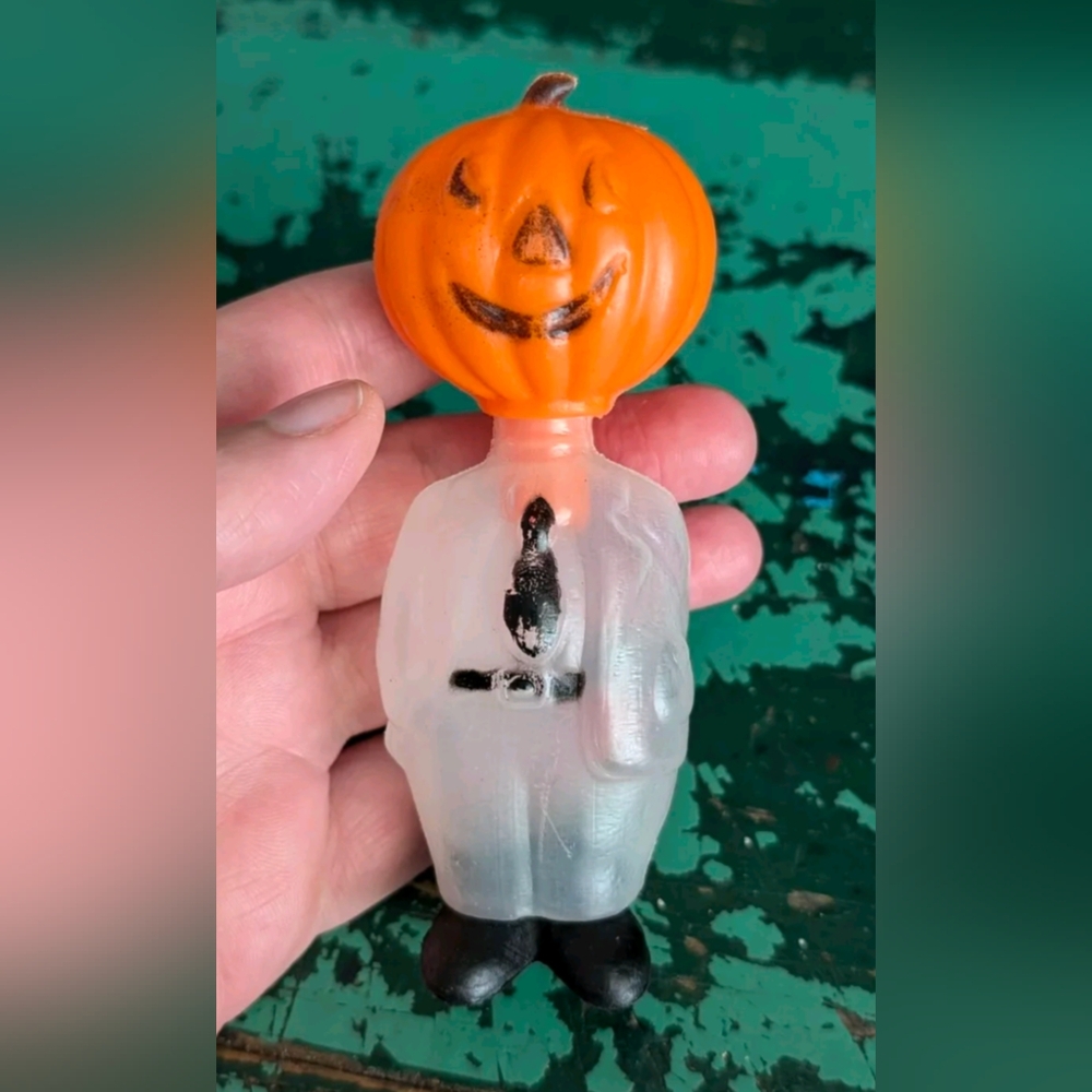 Oddity Vintage Plastic Blow Mold Halloween Pumpkin Head Candy Container Dressed
